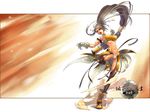  armband bandaid boots breasts brown_hair dfo dungeon_and_fighter dungeon_fighter_online fighter fighter_(dungeon_and_fighter) gloves long_hair midriff muscle navel open_mouth ponytail thighhighs thong very_long_hair 