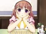  1girl braid brown_hair cafe game_cg ginta haruse_uta hat indoors pov purple_eyes sitting solo sugar_+_spice uta_haruse 