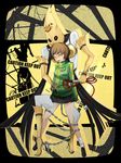  2girls akaume atlus bare_shoulders boots brown_hair caution_tape chains dark_persona elbow_gloves female footwear gloves grey_skin hood jacket miniskirt multiple_girls open_mouth persona persona_4 satonaka_chie shadow_(persona) short_hair skirt socks whip yellow_eyes 