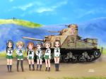  6+girls arm_grab arms_behind_back artist_name bangs black_eyes black_hair black_legwear black_neckwear black_ribbon blouse blue_eyes blue_hair blue_sky blush_stickers brown_eyes brown_footwear brown_hair bunny closed_mouth cloud cloudy_sky commentary_request emblem eyes_closed fang girls_und_panzer glasses green_skirt ground_vehicle hair_ribbon hand_on_hip hands_together hill light_smile loafers long_hair long_sleeves looking_at_viewer m3_lee maruyama_saki military military_vehicle miniskirt motor_vehicle multiple_girls neckerchief ooarai_school_uniform oono_aya open_mouth parted_bangs partial_commentary pleated_skirt ribbon round_eyewear sakaguchi_karina sawa_azusa school_uniform serafuku shasu_(lastochka) shoes short_hair signature skirt sky smile socks standing tank thighhighs twintails utsugi_yuuki white_blouse yamagou_ayumi zettai_ryouiki 