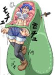  1girl amasaki_ryouko blank_blood blue_eyes blue_hair blush breasts cracklecradle digestion female knife midriff namaenazo navel shorts slime thighhighs translation_request tubetop vore wince wink x-ray 