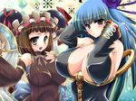  2girls adjusting_hair arms_up blush breasts brown_eyes brown_hair center_opening cleavage detached_sleeves fan female flower hair_ornament hat headdress huge_breasts kazuki_hiyori large_breasts long_hair military military_uniform multiple_girls open_mouth sangokushi_taisen selvaria_bles selvaria_bles_(cosplay) senjou_no_valkyria senjou_no_valkyria_1 silver_hair sun_shang_xiang syuuki uniform 