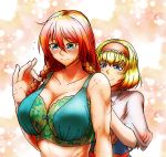  alice_margatroid blonde_hair blue_eyes blush bra braid breasts commentary commentary_request hairband hong_meiling koyubi_(littlefinger1988) large_breasts long_hair muscle muscular_female red_hair scar scarf short_hair simple_background sweat sweatdrop touhou translation_request twin_braids underwear 