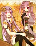  2girls blush bow dress frown gijinka gloves hair_bow hair_ornament hairclip jacket long_hair misdreavus mismagius moemon multiple_girls navel open_mouth personification pink_eyes pokemon pokemon_(game) pumpkin purple_hair red_eyes ribbon smile thighhighs 