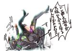  2girls arc_system_works belt black_legwear black_thighhighs blazblue female genderswap green_hair hat hazama high_heels jacket kedama-com multiple_girls panties pantyshot purple_panties shoes short_hair thighhighs translation_request underwear 