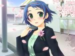  1girl ashikaga_haneru blue_hair cherry_blossoms game_cg ginta green_eyes outdoors sakura_blossoms sky solo sugar_+_spice 