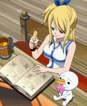  book breasts cap cup eating fairy_tail frown highres large_breasts lucy_heartfilia mug plue reading screencap side_ponytail stitched 