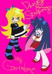  2girls cosplay dress earrings highres jewelry lots_of_jewelry multiple_girls panty_&amp;_stocking_with_garterbelt panty_(character) panty_(psg) stocking_(character) stocking_(psg) 