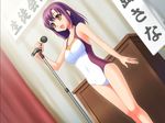  1girl breasts game_cg ginta indoors microphone purple_hair solo sugar_+_spice swimsuit yellow_eyes 