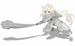  1girl animal_ears armor blonde_hair club cosplay dark_souls dragon&#039;s_tooth_(dark_souls) eyebrows_visible_through_hair eyes_visible_through_hair full_body havel_the_rock havel_the_rock_(cosplay) holding holding_weapon iru kemono_friends ponytail rhinoceros_ears serious shadow solo souls_(from_software) weapon white_background white_rhinoceros_(kemono_friends) 