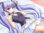  1girl bed blue_hair blush frills game_cg ginta long_hair lying red_eyes skirt sleeveless solo sugar_+_spice twintails 