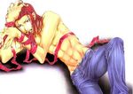  1boy gradient gradient_background long_hair male male_focus muscle red_hair saiyuki sha_gojyo solo topless white_background 