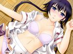  1girl blush bra breasts game_cg ginta indoors lingerie lying miyama_ai on_back open_clothes open_shirt panties purple_eyes purple_hair school_uniform shirt skirt solo sugar_+_spice underwear 