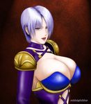  armor breasts cleavage huge_breasts isabella_valentine ivy latex lipstick midnightblue namco purple_eyes purple_hair short_hair solo soul_calibur 