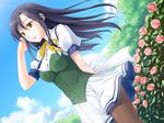  1girl amanatsu game_cg ginta outdoors pantyhose purple_hair school_uniform skirt sky solo yellow_eyes 