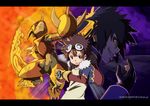  2boys brown_eyes brown_hair digimon digimon_adventure_02 digimon_adventures_02 fire flamedramon gloves goggles hajime_(hajime-ill-1st) ichijouji_ken motomiya_daisuke multiple_boys 