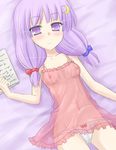  book bow bow_panties chemise flat_chest kazami_ruku lying on_back panties patchouli_knowledge purple_eyes purple_hair see-through solo touhou underwear underwear_only white_panties 