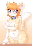  2019 alfa995 anthro bell belly big_breasts blue_eyes breasts collar digital_media_(artwork) domestic_cat eyewear felid feline felis female fur glasses hair mammal navel nipples nude orange_hair pussy queen_(alfa995) simple_background slightly_chubby smile solo thick_thighs video_games 