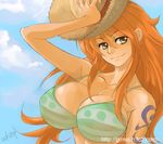  bikini_top breasts cleavage hat huge_breasts long_hair nami_(one_piece) one_piece orange_hair smile solo straw_hat tattoo 