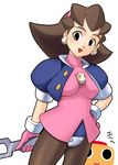  @ma? brown_hair capcom dress earrings female gloves green_eyes hairband hands_on_hips jacket jewelry kobun long_hair open_mouth pantyhose rockman rockman_dash tomatto_(@ma!) tron_bonne wrench 