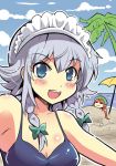  2girls beach bikini blue_eyes blue_sky blush_stickers bow braid breasts circle_cut cleavage cloud colonel_aki commentary_request hair_between_eyes hair_bow hat hong_meiling izayoi_sakuya maid_headdress medium_breasts multiple_girls open_mouth palm_tree red_hair sand shiny shiny_skin silver_hair sky smile swimsuit touhou tree twin_braids umbrella water 