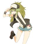  1boy black_eyes boots cosplay costume_switch crossdressing green_hair hat long_hair male male_focus n_(pokemon) open_mouth poke_ball pokeball pokemon pokemon_(game) pokemon_black_and_white pokemon_bw shorts simple_background standing_on_one_leg trap vest 
