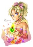  blonde_hair blue_eyes cape crystal detached_sleeves earrings female final_fantasy final_fantasy_vi flower hitopm jewelry long_hair ponytail solo tina_branford white_background 