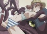  animated animated_gif blush breasts eyes_closed fight_ippatsu!_juuden-chan!! gif helmet lowres nipples octopus panties panty_pull shirt_pull short_hair striped striped_panties tentacle underwear 