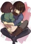  2others androgynous back brown_hair chara_(undertale) chocolate frisk_(undertale) multiple_others pantyhose shirt shorts shousan_(hno3syo) source_request undertale 
