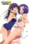  blue_hair blush highres long_hair murasame_oshizu one-piece_swimsuit open_mouth purple_eyes sairenji_haruna school_swimsuit short_hair swimsuit to_love-ru toloveru wink yuri 