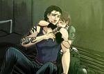  1girl bad_id bad_pixiv_id bed billy_coen black_hair brown_hair capcom couple earrings fingerless_gloves gloves hetero hug hug_from_behind itanji jewelry rebecca_chambers resident_evil resident_evil_0 short_hair sitting tattoo tears 