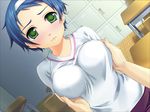  1girl ashikaga_haneru blue_hair blush breast_grab breasts game_cg ginta grabbing green_eyes gym_uniform indoors large_breasts male_hand sugar_+_spice 