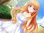  1girl arms_behind_back bare_shoulders blue_eyes blush braid braids breasts dress game_cg ginta long_hair orange_hair outdoors sky smile solo strapless strapless_dress sugar_+_spice toono_kaoruko 