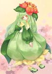  bow crown doredia dress flower green_hair hands_on_lap hat heels high_heels lilligant long_hair moemon orange_eyes personification petals pokemon pokemon_(game) pokemon_black_and_white shoes smile 