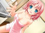  1girl aqua_eyes breasts cleavage game_cg ginta indoors pink_hair reach reaching solo sugar_+_spice towel 