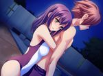  1boy 1girl blush game_cg ginta hug night outdoors pool purple_hair sky star stars sugar_+_spice swimsuit yellow_eyes 