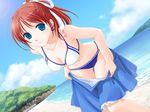  1girl amanatsu aqua_eyes ayase_mao beach bikini breasts game_cg ginta outdoors red_hair skirt sky solo swimsuit swimsuit_under_clothes undressing 