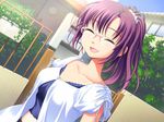  1girl casual game_cg ginta glasses happy outdoors purple_hair smile solo sugar_+_spice 