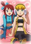  2girls awa bare_shoulders blonde_hair blue_eyes blush breasts fuuro_(pokemon) gloves green_eyes gym_leader headphones high_heels kamitsure_(pokemon) large_breasts long_hair lowres midriff multiple_girls open_mouth pantyhose pokemon red_hair shoes short_hair short_shorts shorts sitting smile 