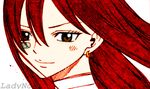  1girl band-aid bandaid brown_eyes close-up earring earrings erza_scarlet face fairy_tail female jewelry long_hair red_hair smile solo 