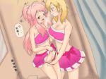  2girls anima_yell! blonde_hair blush breasts cheerleader fingering hatoya_kohane large_breasts multiple_girls panties pink_hair red_eyes red_panties sawatari_uki skirt small_breasts smile underwear user_wdah5747 yellow_eyes yuri 