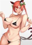  1girl :d absurdres animal_ears bangs bikini black_bikini bow braid breasts cat_ears cat_tail covered_nipples green_bow hair_bow highres kaenbyou_rin large_breasts looking_at_viewer micro_bikini multiple_tails nagomian navel nekomata open_mouth paw_pose red_eyes red_hair simple_background smile solo swimsuit tail touhou twin_braids two_tails white_background 