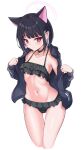  1girl animal_ears ass_visible_through_thighs bangs bare_shoulders bikini bikini_under_clothes black_bikini black_choker black_hair black_jacket blue_archive blush breasts cameltoe cat_ears choker closed_mouth collarbone cropped_legs frilled_bikini frills halo highres jacket kazusa_(blue_archive) long_sleeves looking_at_viewer multicolored_hair navel off_shoulder open_clothes open_jacket pink_hair puffy_long_sleeves puffy_sleeves purple_eyes rumiya9i simple_background sleeves_past_wrists small_breasts solo sweat swimsuit thigh_gap two-tone_hair white_background 