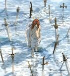  1boy angel_devil_(chainsaw_man) angel_wings carrotsprout chainsaw_man hair_between_eyes halo highres long_hair looking_away multiple_swords orange_hair partisan planted planted_sword polearm refraction shadow shorts solo standing sword topless_male water weapon white_shorts white_wings wings 