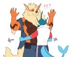 2025 absurd_res anthro arcanine blue_body clothed clothing dialogue duo eeveelution english_text fur generation_1_pokemon hair hi_res looking_at_another male muscular muscular_anthro muscular_male nintendo officer open_clothing orange_body orange_fur pokemon pokemon_(species) running simple_background tail text undressing_another uniform vaporeon white_background yolko_shark