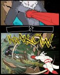 60percentscalie anthro bat blue_eyes blue_wings breaking_wall demon dovak duo fur grey_body grey_fur hair hi_res humanoid male mammal onomatopoeia plant punch sound_effects text through_wall tree vauruk white_hair wings