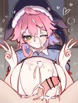  1boy 1girl absurdres after_paizuri alternate_eye_color bar_censor bikini blurry blurry_background blush breasts censored cleavage commentary_request cum cum_on_body cum_on_breasts facial flaccid grey_shirt heart hetero highres indoors large_breasts large_variant_set looking_at_viewer medium_hair okunoda_miyoi one_eye_closed open_mouth paizuri penis pink_hair pov pov_crotch shen_bi_ren_(user_rjgy2824) shirt shouji sliding_doors solo_focus swimsuit touhou upper_body variant_set whale_hat white_bikini yellow_eyes 