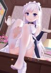  1girl aged_down apron azur_lane bangs belfast_(azur_lane) blush braid chain collar collarbone commander_(azur_lane) dress feet foot_focus french_braid frills gloves highres holding_another&#039;s_foot little_bel_(azur_lane) long_hair looking_at_viewer maid maid_headdress no_shoes purple_eyes smile soles thighhighs white_gloves white_hair white_thighhighs xiao_shi_lullaby 