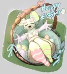 absurd_res anthro basket big_butt big_ears bow_ribbon butt chinchilla chinchillid container ear_piercing ear_ring easter easter_egg eyebrows eyes_closed female female/female food food_creature front_view fur fur_markings grass hi_res holidays lying mammal markings on_front piercing plant ribbons ring_piercing rodent solo spread_arms thick_eyebrows umeroart vanella_doughrothy wide_hips