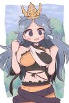  1girl bare_shoulders black_shirt blush_stickers border breasts chirizuka_ubame commentary_request cowboy_shot embarrassed grey_eyes grey_hair highres kurachi_mizuki large_breasts long_hair looking_at_viewer midriff navel open_mouth orange_skirt outside_border parted_bangs shirt skirt sleeveless sleeveless_shirt solo touhou white_border 